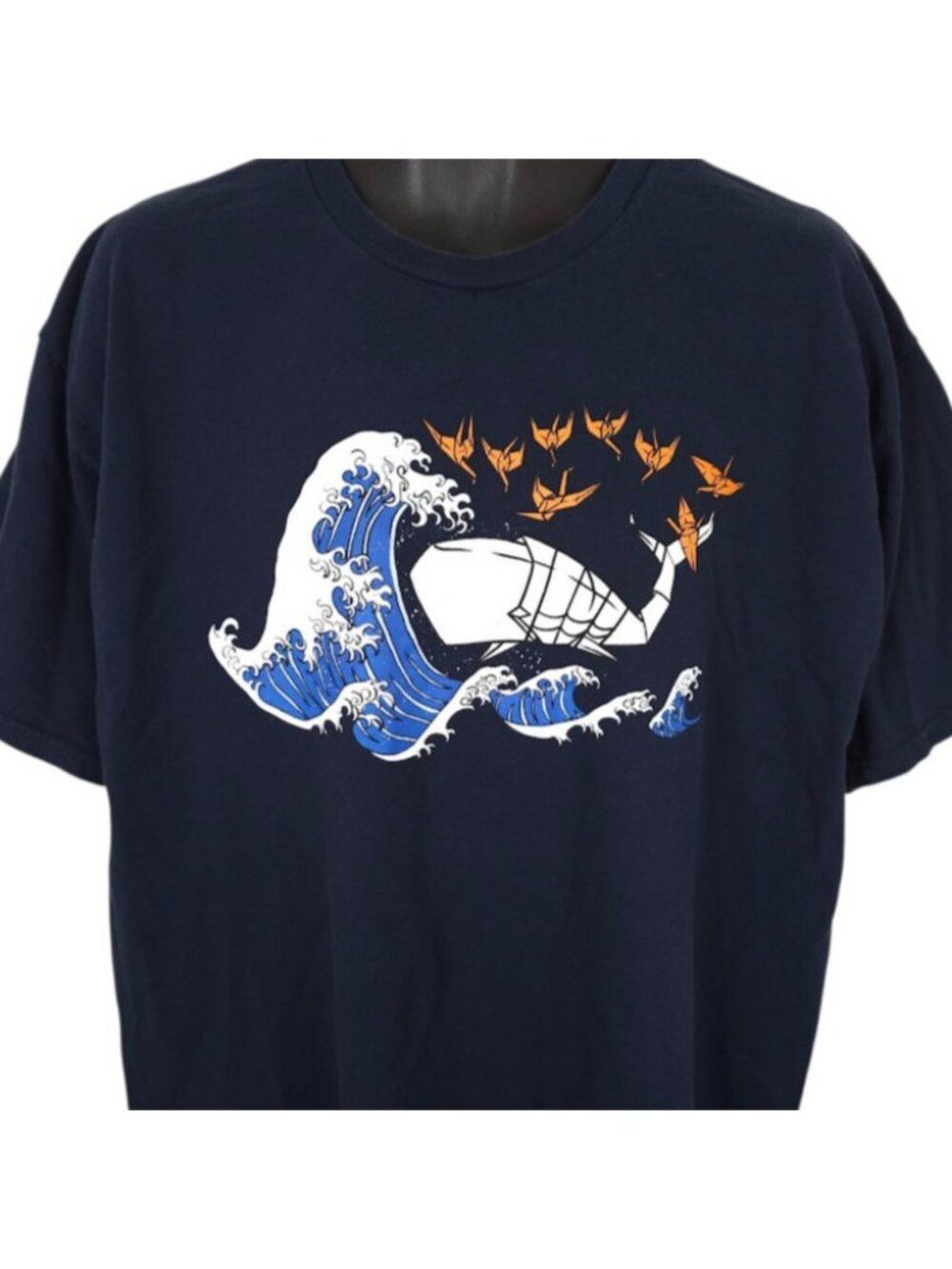 Great Wave Off Kanagawa T Shirt Mens Size XL Blue Origami Whale Cranes Japan